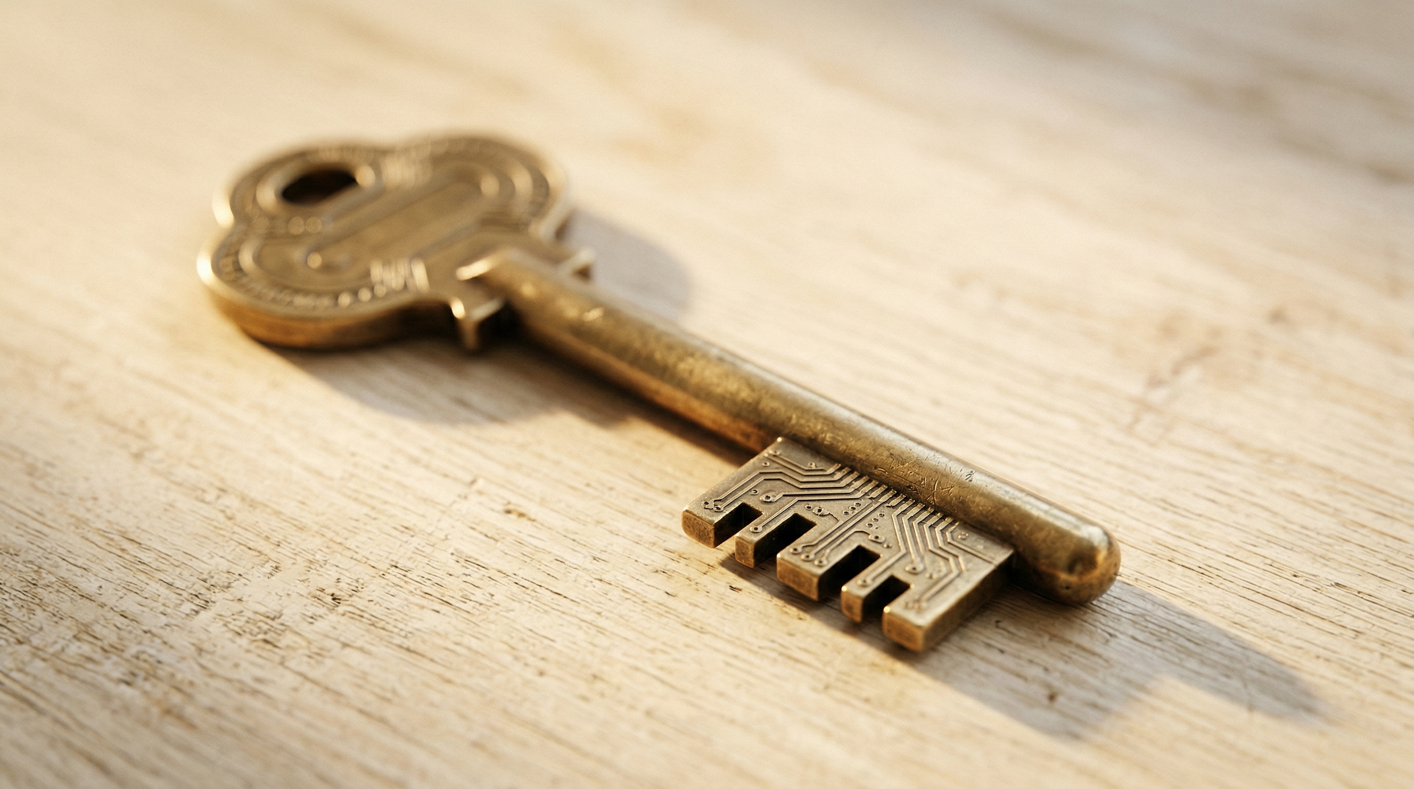 A brass key with circuit board trace patterns etched into its teeth, lying on a light wooden surface