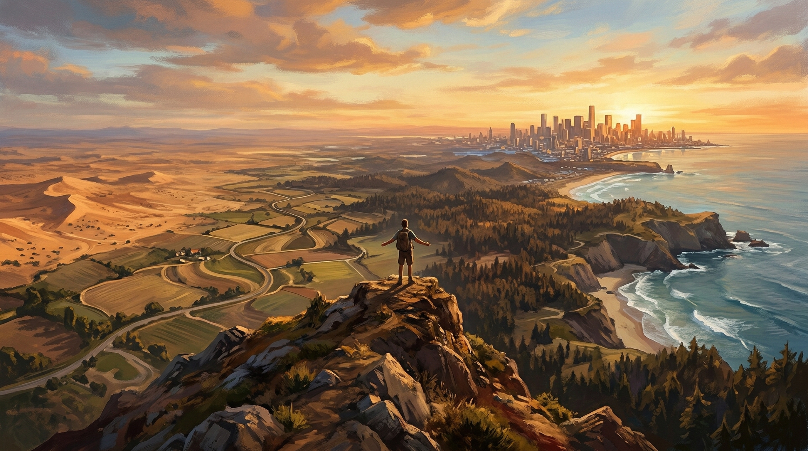 A person standing on a ridge at golden hour, looking out over a landscape where desert, farmland, forest, coastline, and city skyline all converge