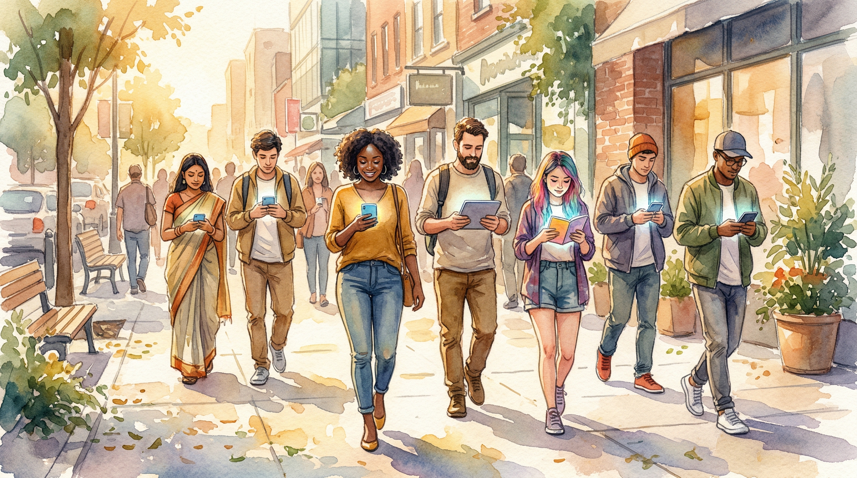 Diverse group of people walking on a sunny sidewalk, each using glowing phones and tablets