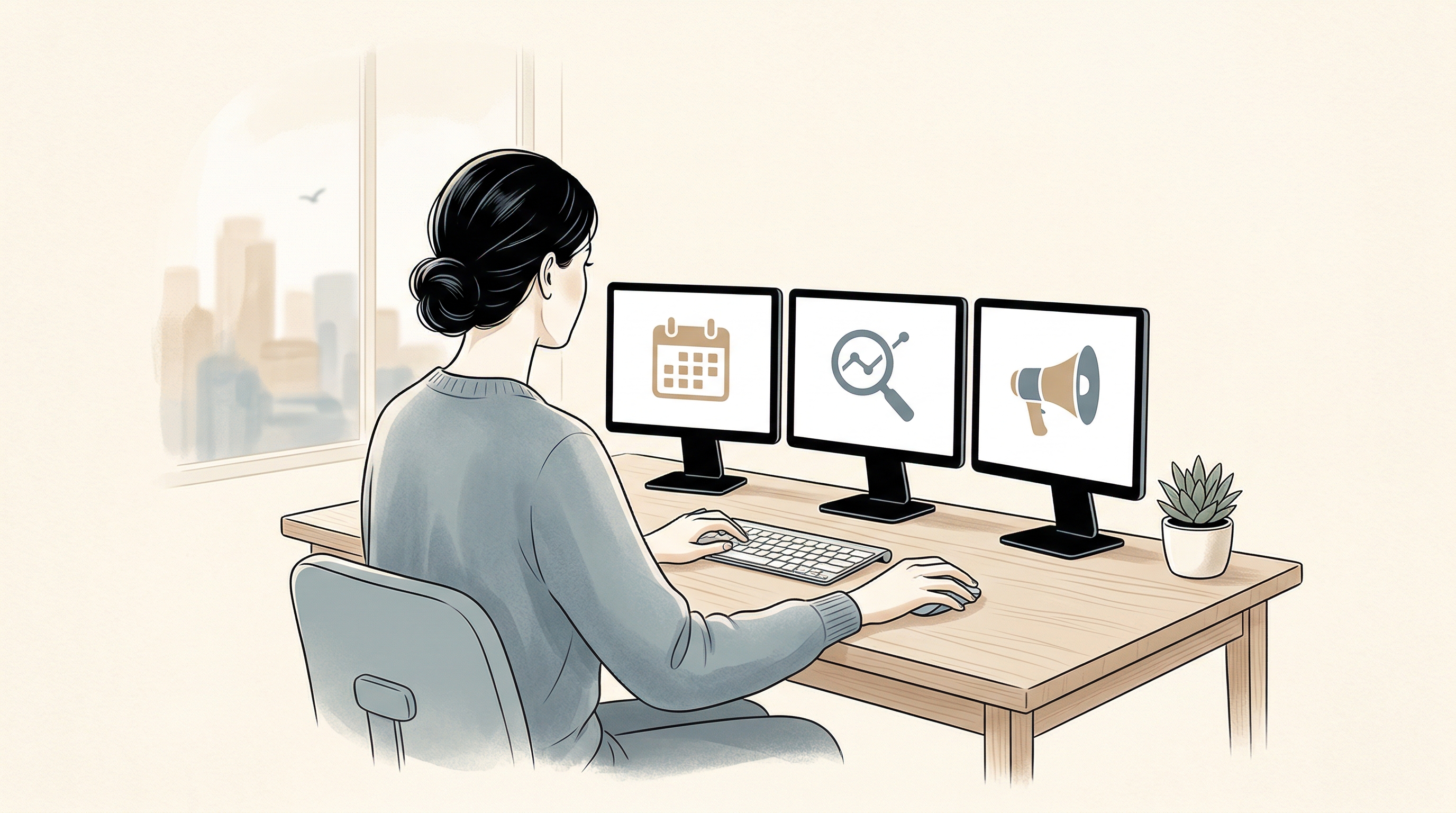 A person at a desk orchestrating three monitors, each showing a different task being worked on autonomously