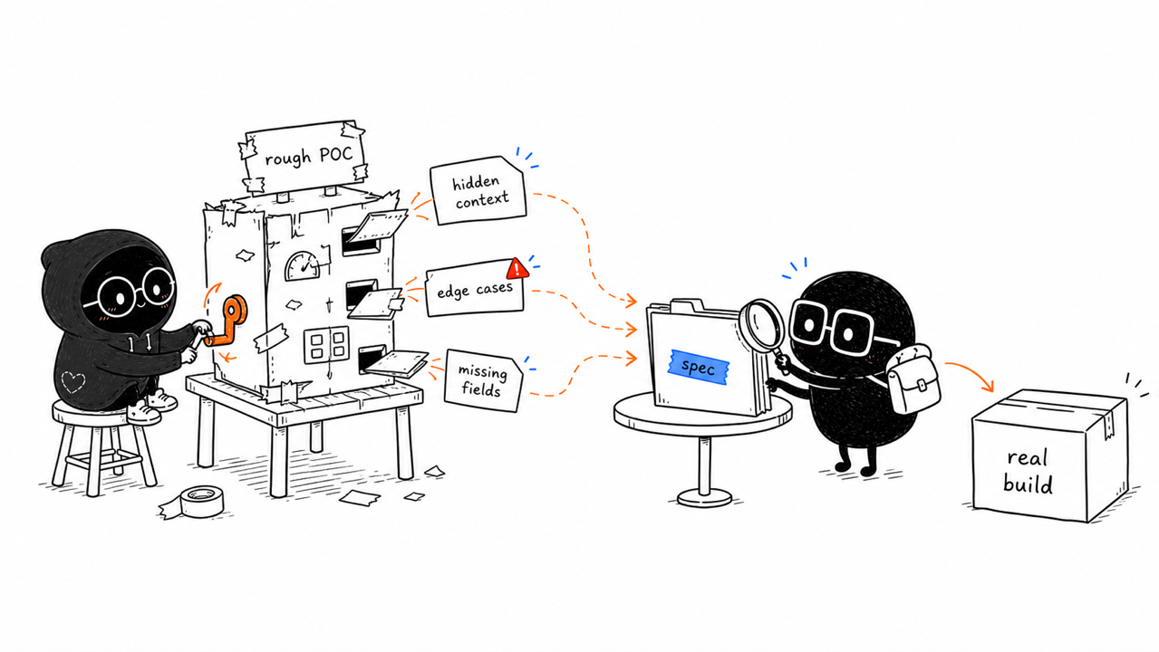 Two Tony mascots pulling hidden workflow context out of a rough prototype before the real AI build