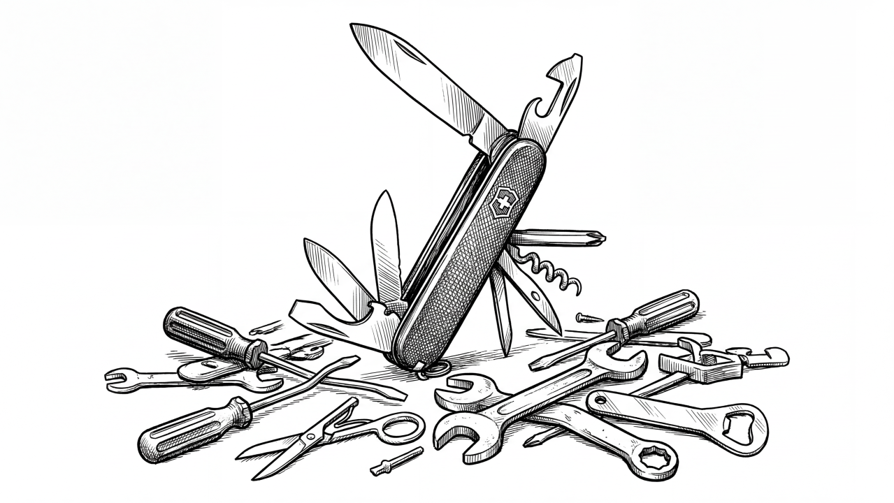 A Swiss army knife standing upright surrounded by scattered individual tools, illustrating one harness replacing many single-purpose agents