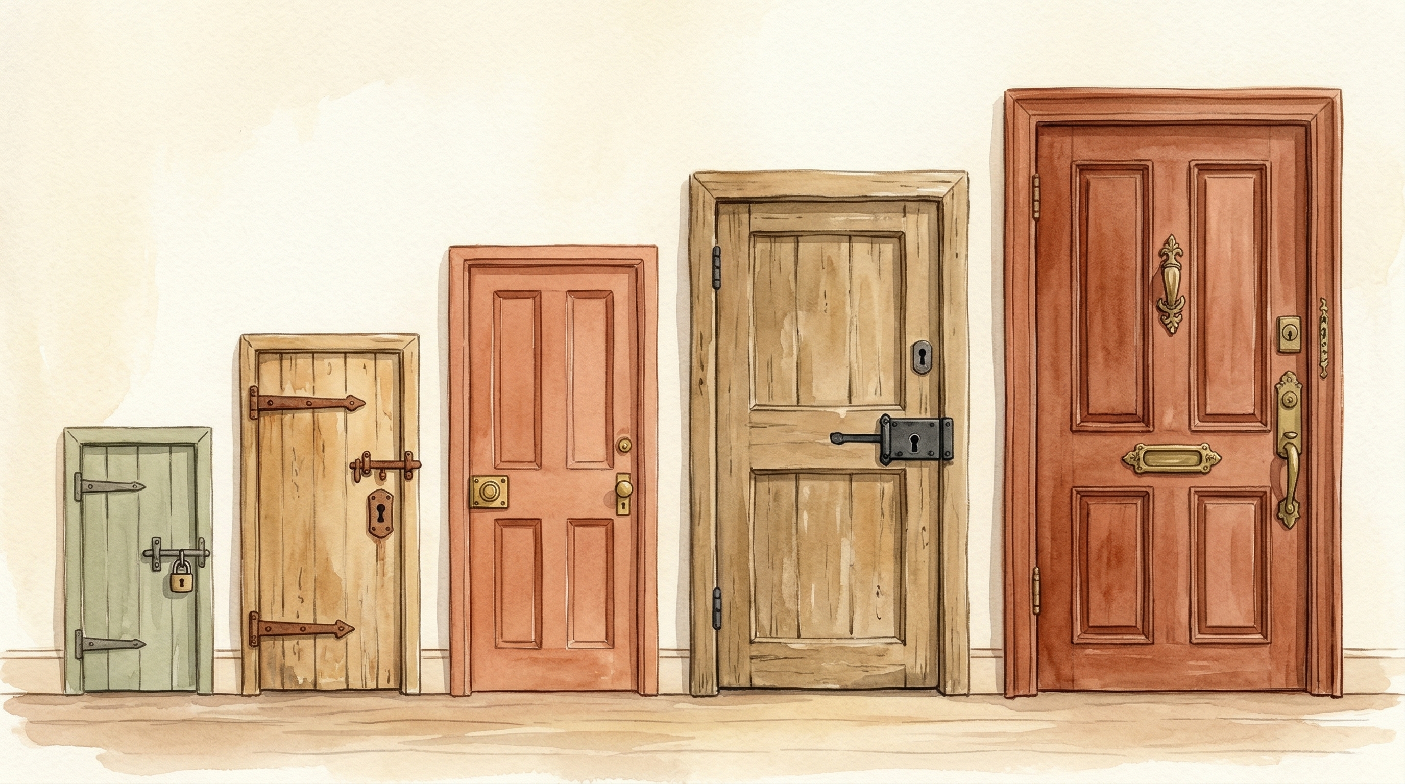 Five doors of increasing size, each with a different lock type, representing graduated access levels