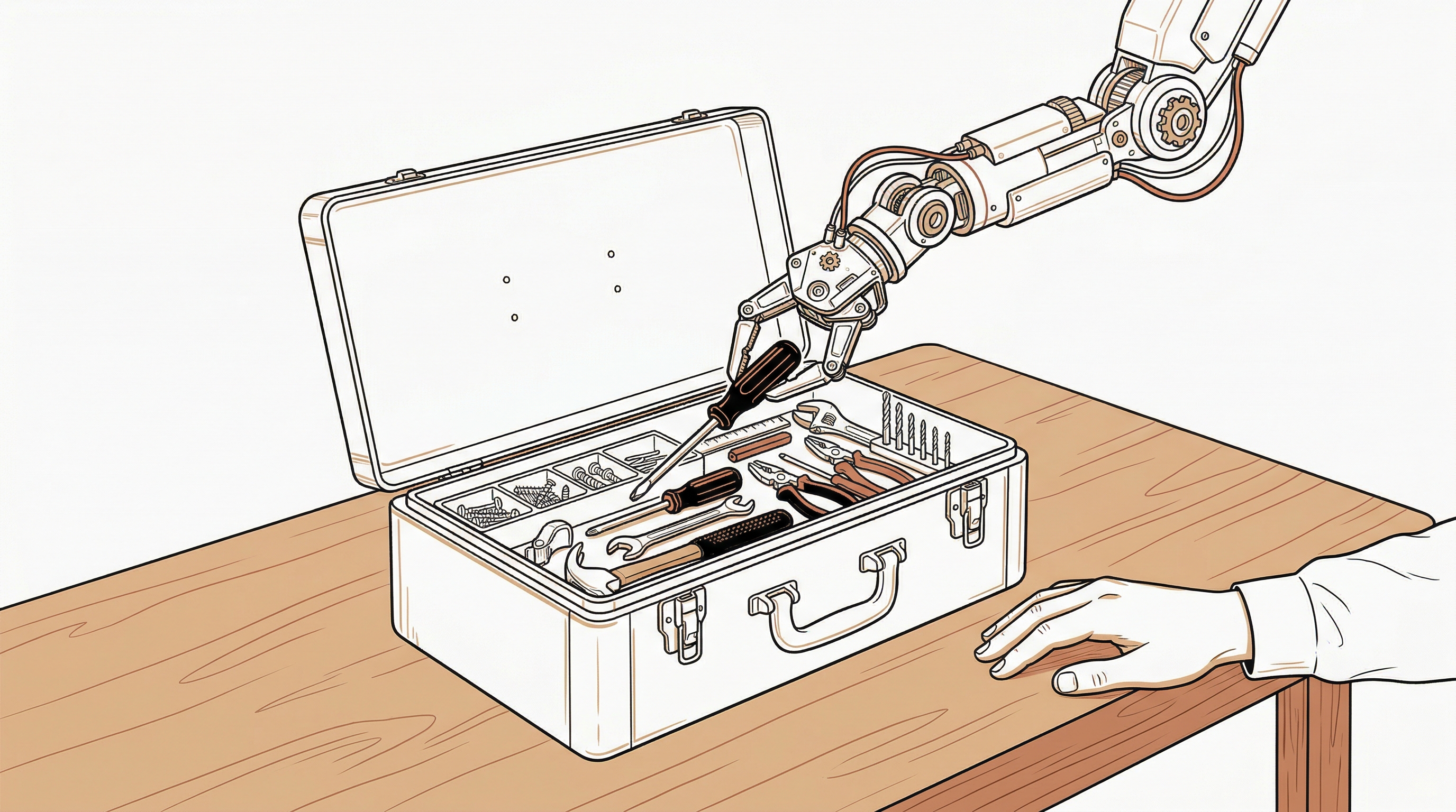 A robotic arm reaching into an open toolbox to grab a screwdriver while a human hand rests on the table beside it