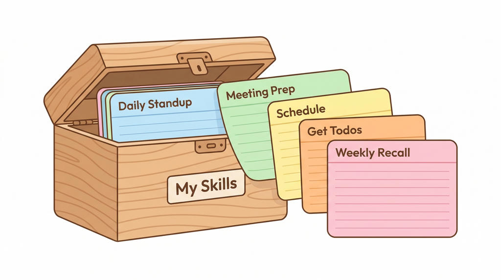 A recipe box labeled My Skills with colorful recipe cards for Daily Standup, Meeting Prep, Schedule, Get Todos, and Weekly Recall